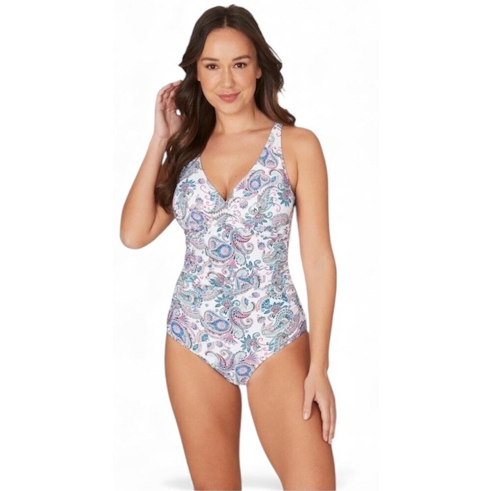 Nip Tuck Swim Paisley Slimming One Piece Swimsuit, Multi Fit Cup, Size 12, NWT
